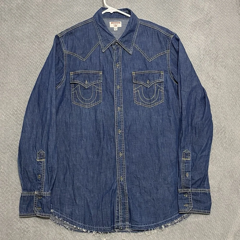 TRUE RELIGION WESTERN Shirt Mens Sz 3XL Released Hem Jeans Denim Long Sleeve